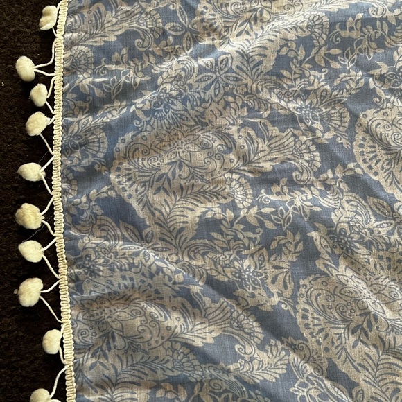 Light weight blue and white scarf. Polyester. With Pom poms at either end - Picture 7 of 9